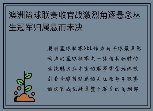 澳洲篮球联赛收官战激烈角逐悬念丛生冠军归属悬而未决