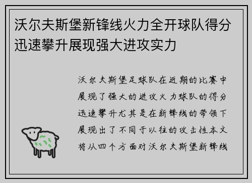 沃尔夫斯堡新锋线火力全开球队得分迅速攀升展现强大进攻实力
