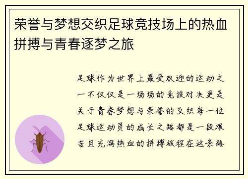 荣誉与梦想交织足球竞技场上的热血拼搏与青春逐梦之旅