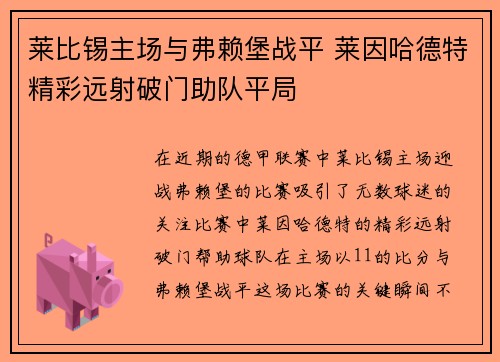 莱比锡主场与弗赖堡战平 莱因哈德特精彩远射破门助队平局